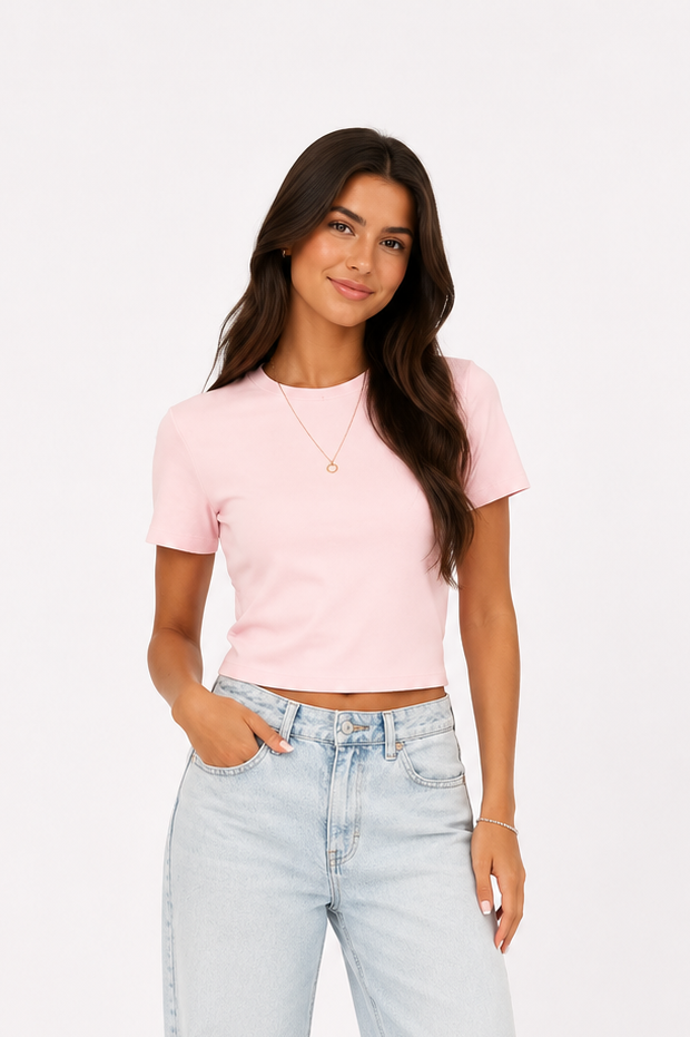Baby Pink Short Sleeves Fitted Basic