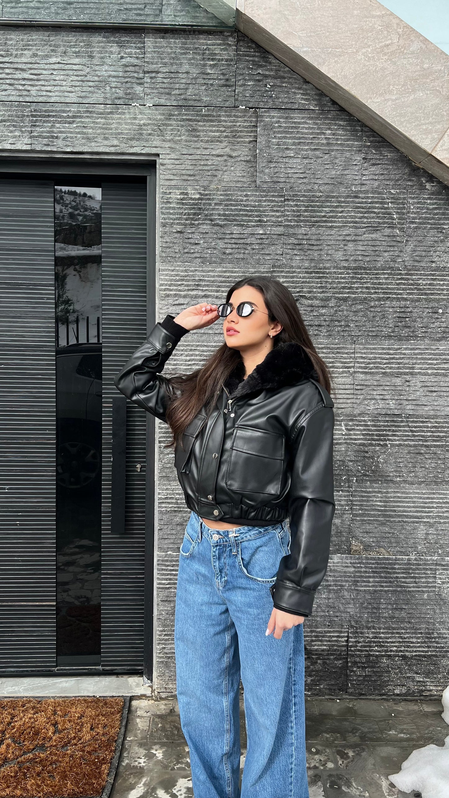 Bomber cropped leather jacket